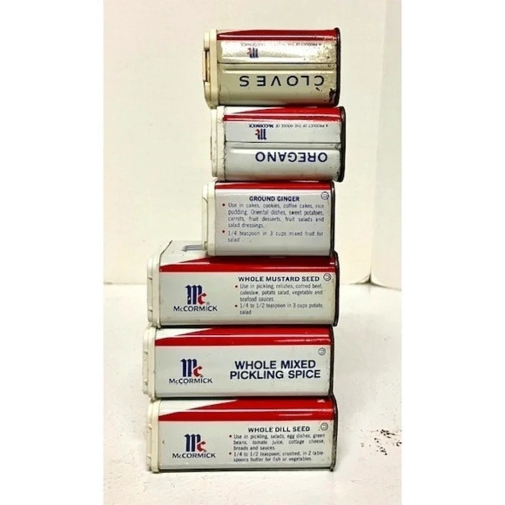 6 VTG McCormick Spice Tins Ginger Cloves Oregano Dill Seed Pickling Mustard Seed